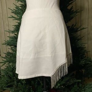 New With Tags White Mini Skirt With Slit and Gemstone Fringe Detail